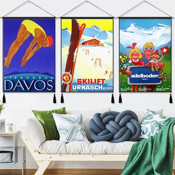 

Skiing at Switzerland Alps Travel Vintage Hanging Cloth Cotton Line Painting Poster Home Decor Wall Hanging Tapestry Gift