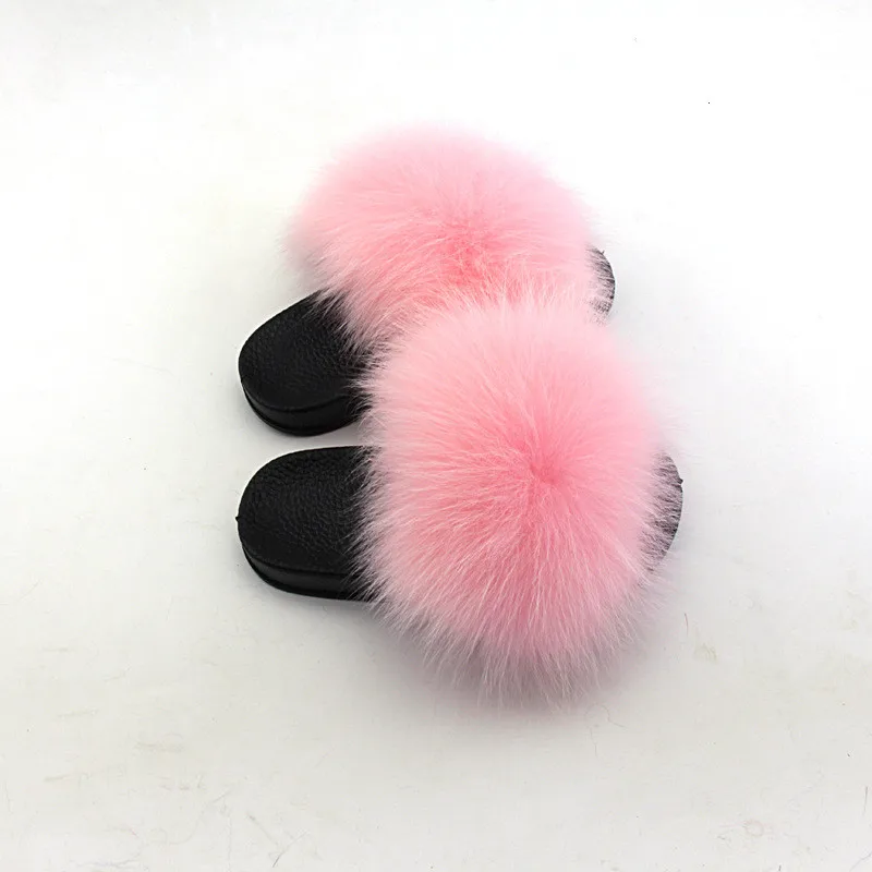 light pink Детские меховые шлепанцы с натуральным лисьим мехом; пушистые тапочки; Chaussons Enffor; детские домашние тапочки; Klapki Z Futerkiem - Цвет: light pink