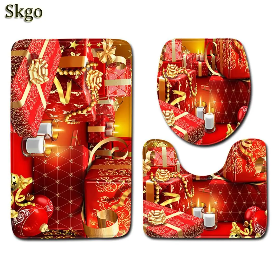 Christmas Bathroom Toilet Seat Cushion 3pcs Non-slip Absorbent Pad Christmas, Party 8 types Pattern Set - Цвет: type 4