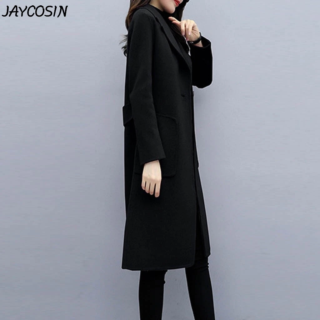 JAYCOSIN, Женское шерстяное пальто, винтажное, на одной пуговице, куртка с длинным рукавом, кардиган, тонкое пальто, зимнее, для работы, офиса, одноцветная, длинная верхняя одежда