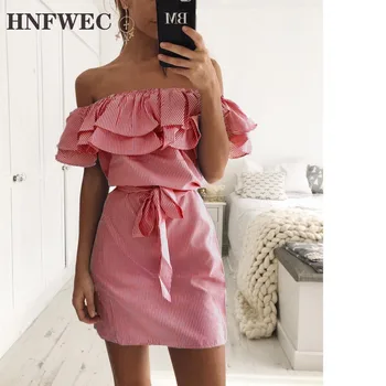

Factory Directly Sale Women Dress Summer Wish Amazon Wholesale Price Off Shoulder Striped Ruffles Sundresses Femme E058