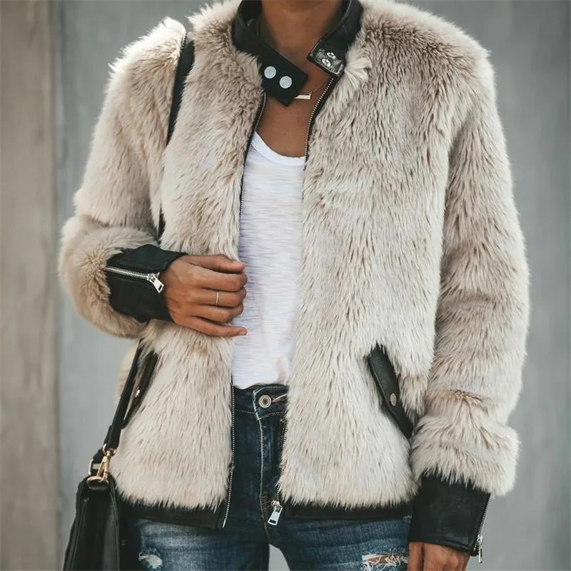 

Womens Ladies Warm Teddy Bear Fleece Tops Jacket Zip Up Oversize Outwear Coats Plush Stitched Leather Coat