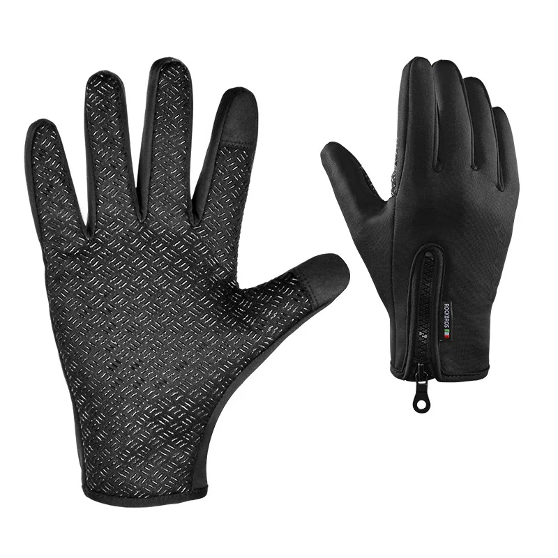 ROCKBROS велосипедные зимние перчатки флисовые теплые велосипедные спортивные перчатки полный палец перчатки для телефона Велосипедное снаряжение - Цвет: S077-1BK