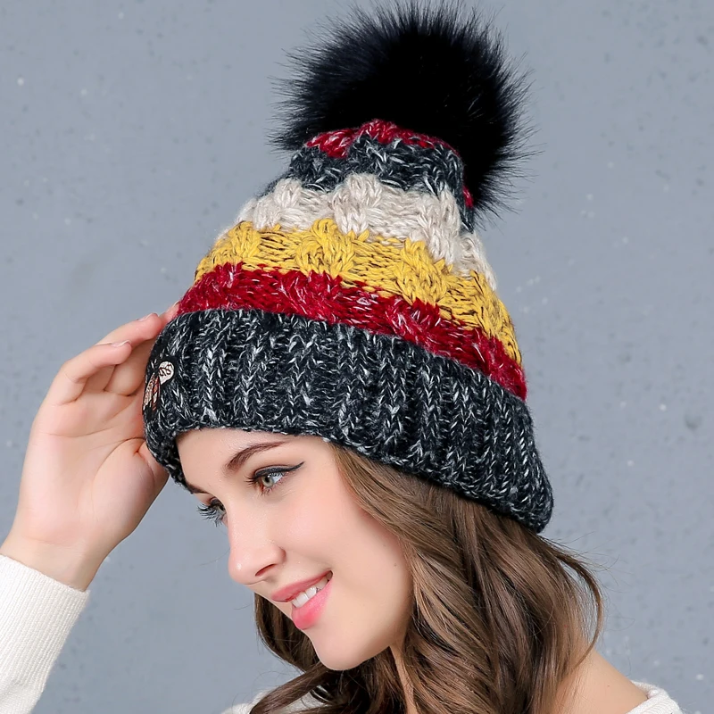 

Womens Winter Knit Slouchy Beanie Hat Warm Skull Ski Cap Faux Fur Pom Pom Hats