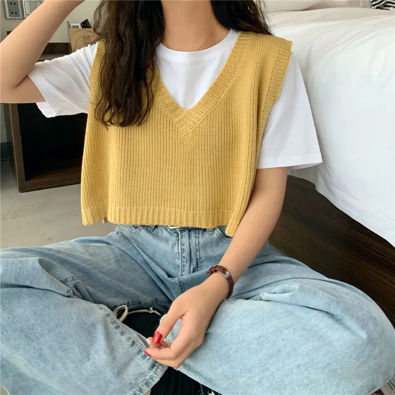 Las mujeres chaleco tejido cuello Pico Bonito primavera otoño coreano  estilo suelto corto suéter chalecos de mujer Casual sin mangas tejido punto  torcido Jersey|Pulóveres| - AliExpress