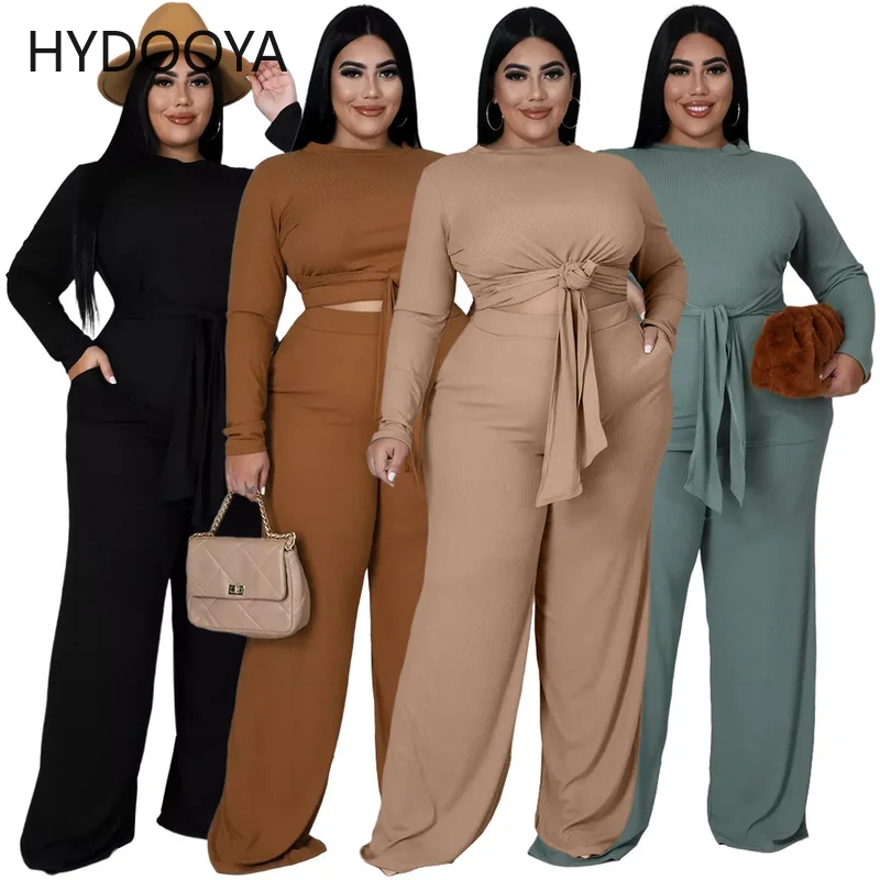Plus Size Two Piece Sets Women Clothing Knitted Ribbed Casual Long Sleeve Bandage Crop Top+wide Leg Pants Dropshipping Wholesale