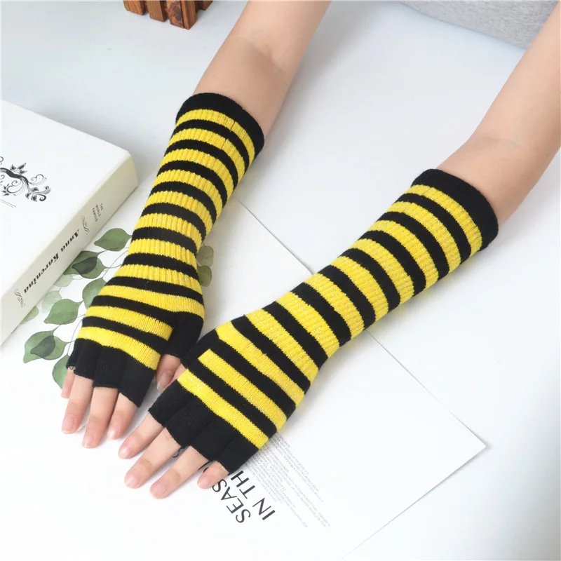 Black White Stripes Long Gloves Women Fashion Winter Long Design Stripes Mittens& Gloves Female Warm Stripes Fingerless Gloves