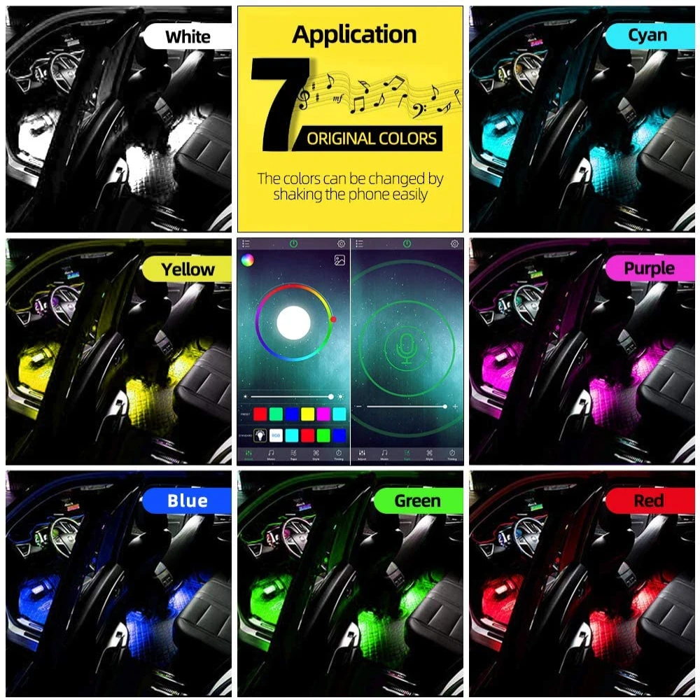 Car Interior Light RGB LED Decorative Light Strip With USB Wireless Remote Music Control Multiple Modes Car Foot Light