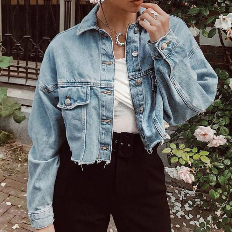 vaquera corta para mujer, abrigo de manga estilo Boyfriend, informal, azul, con botones, primavera y otoño, 2023|chaquetas básicas| - AliExpress