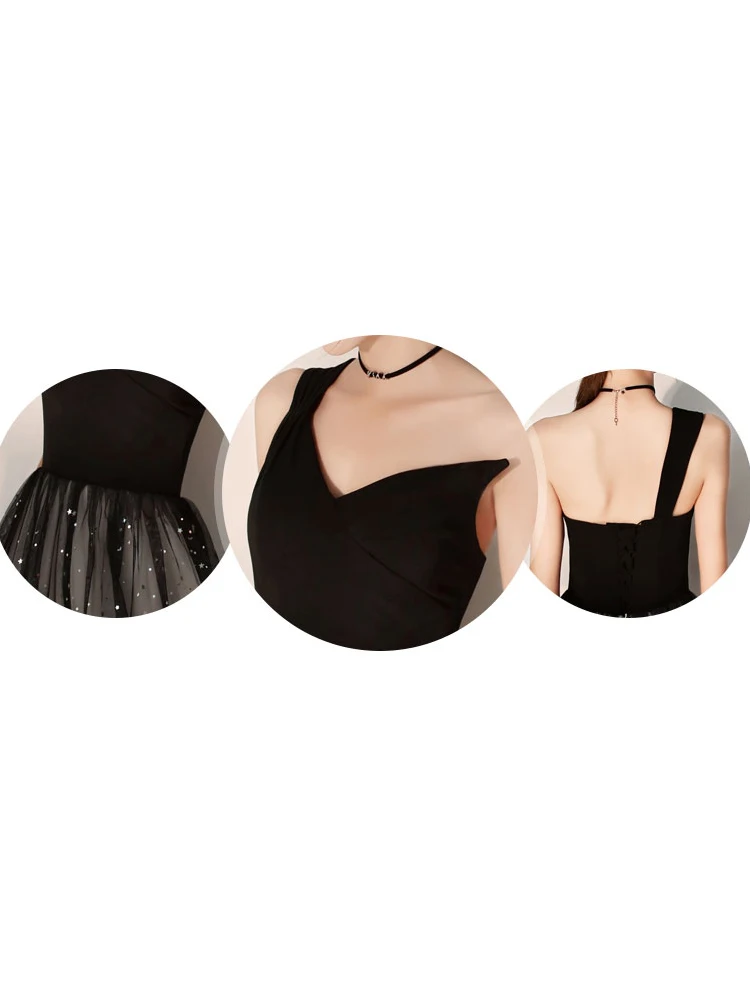 Skyyue Cocktail Dress One Shoulder Sleeveless Sequined Black Cocktail Dress Pleat Knee-Length Crepe Robe Cocktail Gown E707