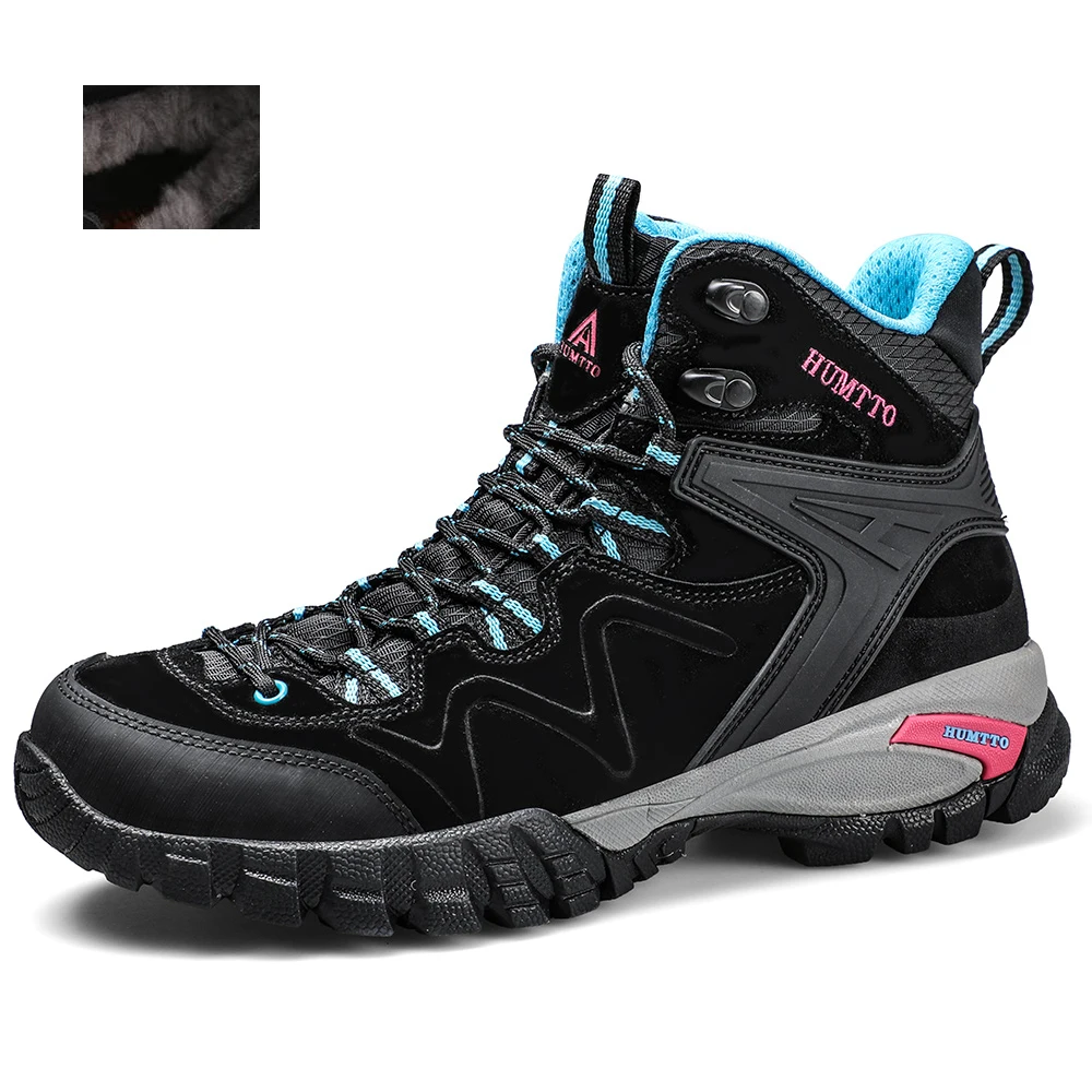 HUMTTO женские зимние треккинговые охотничьи ботинки обувь кроссовки для женщин теплые походные альпинистские горные ботинки женская обувь - Цвет: Black With Velvet