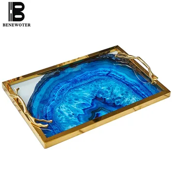

Nordic Blue Agate Pattern Rectangular Decorative Plate Glass Jewelry Display Tray Home Living Room Coffee Table Storage Tray Big