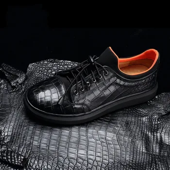 

Luxury Crocodile Leather Sneakers Winter Genuine Leather Casual Shoes Men Lace Up Office Round Toe Flat Shoes Black Trainers