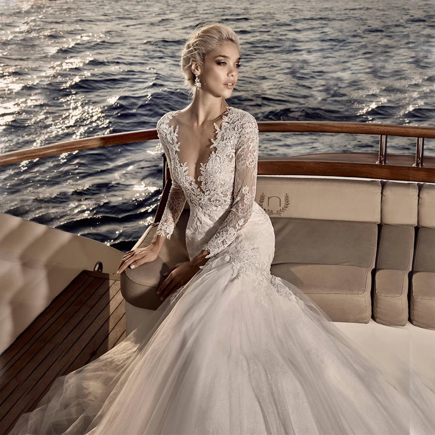 

vestido de noiva renda Vintage Deep V neck Lace Long Sleeve Bridal gown Mermaid 2018 robe de mariage mother of the bride dresses