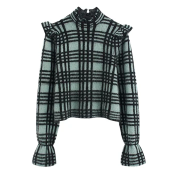 

Sweater women Fashion Turtleneck Long Sleeve Flare Sleeve Plaid Casual Sweater