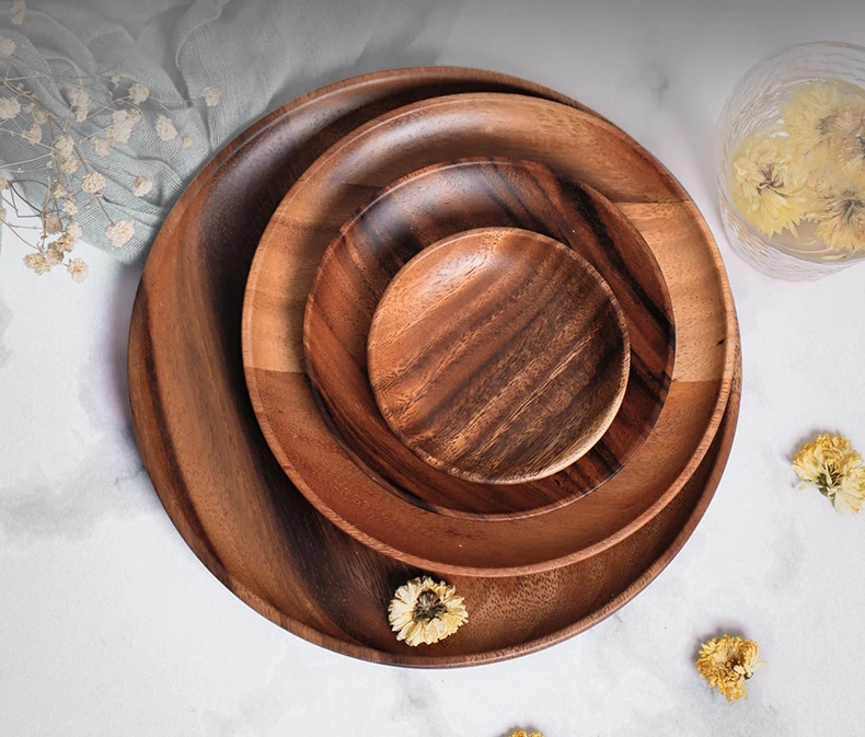 Natural Wooden Round Plates Dish Tray Handmade Acacia Plate Round Sushi Dish Wooden Tableware Set dinnerware Woodenware