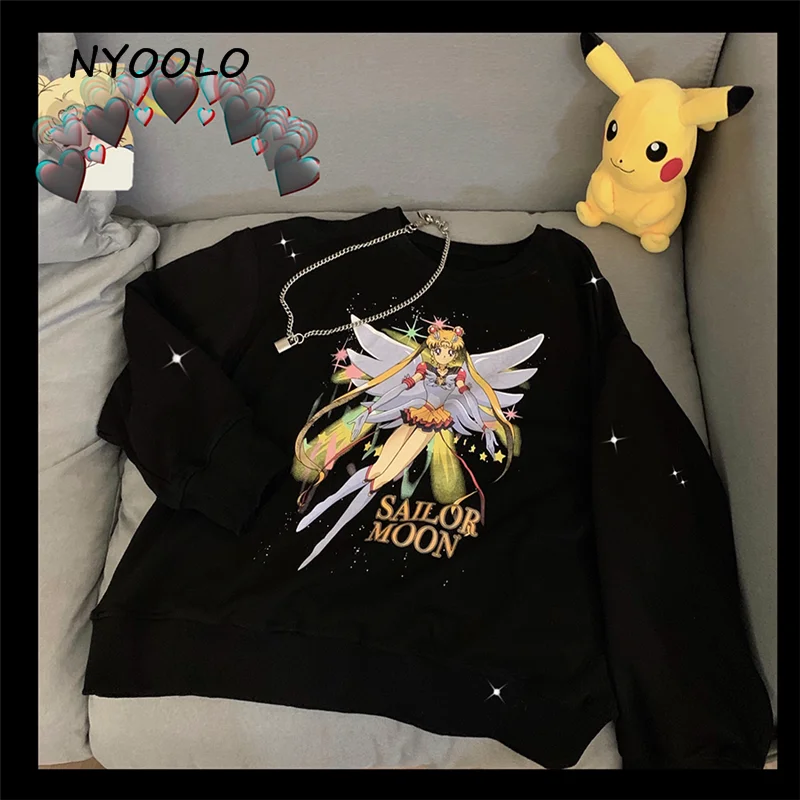 NYOOLO Harajuku стиль мультфильм персонаж Сейлор Мун буквы печати толстовка осень уличная одежда с длинным рукавом Пуловеры женские
