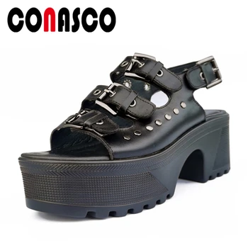 

CONASCO Fashion Casual Women Sandals Punk Rivet Buckle High Heels Platforms Sandals Genuine Leather Shoes Woman Peep Toe Pumps