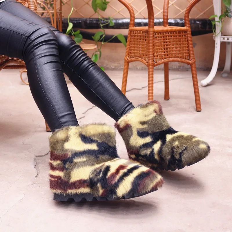 Camouflage Новинка; зимние ботинки на платформе с кроличьим мехом; зимние ботинки; женские кожаные ботинки на меху - Цвет: Camouflage