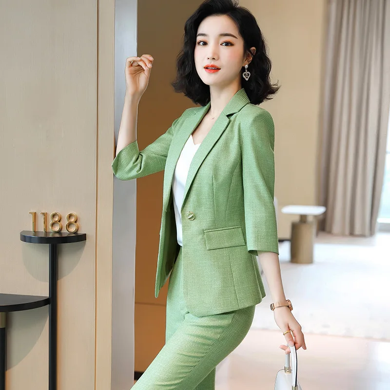 Pants Suits Elegant Business Ladies Suits Set 2 Pieces Half Sleeve Pink