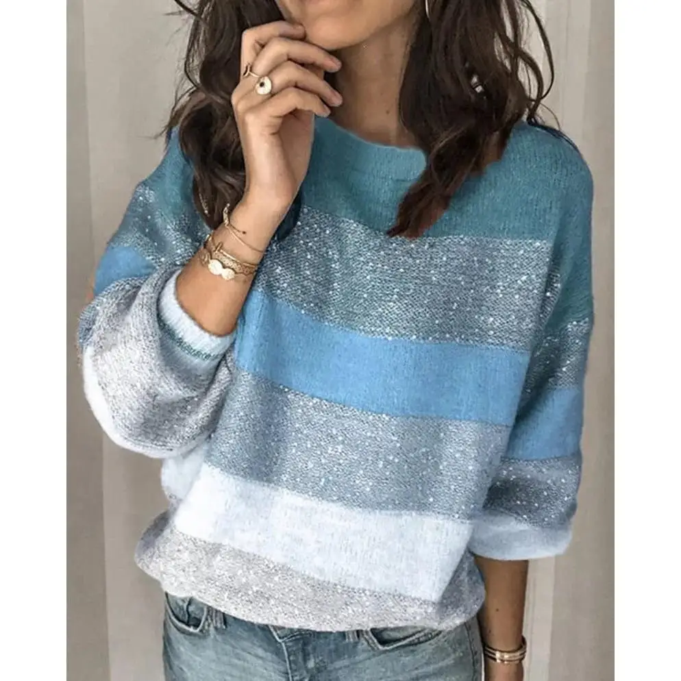 Autumn Loose Casual Knit Sweater O-Neck Women Long Sleeve Pullover Striped Knitted Sweaters Elegant Clothes