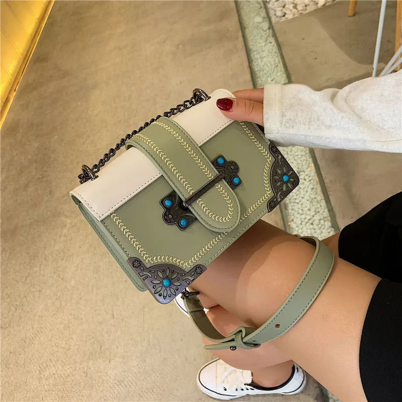 

Individual ethnic style box bag shoulder chain retro messenger bag design feeling exotic 2019 new