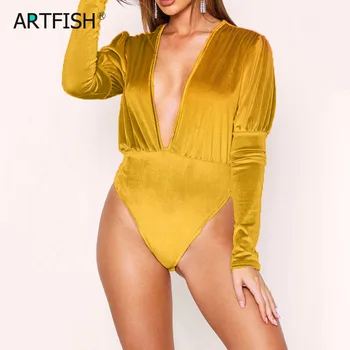 

Velet Bodysuit Sexy Women Rompers Club Party Deep V-neck Long Sleeve Skinny Body Suits Open Bust Autumn Winter Tops Solid LX234