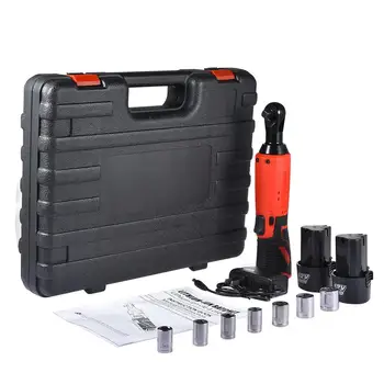 

Cordless electric ratchet wrench with two 12V lithium ion batteries 7pcs 3/8 inch metric sleeve plastic box #40