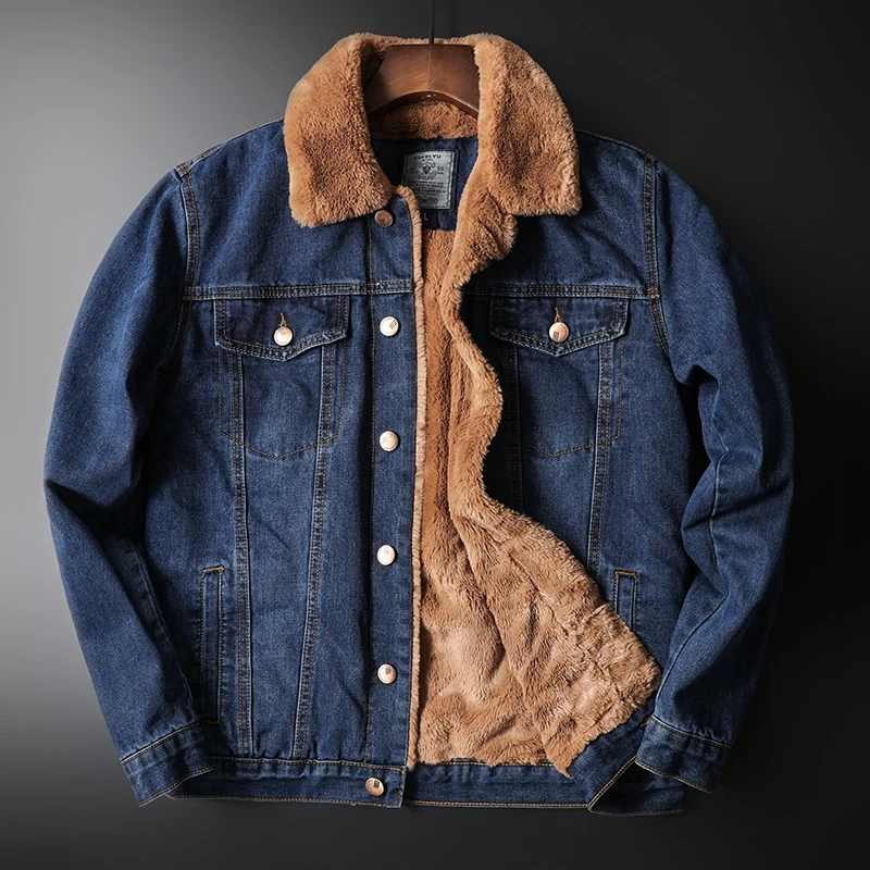 Зимняя высококачественная Новая мужская джинсовая куртка повседневная однотонная джинсовая куртка плюс бархатная теплая меховая джинсовая куртка с воротником Куртка Большой 5XL