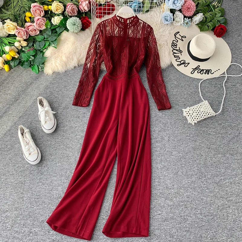 Autumn Fashion Sexy Lace Hollow Stitching Wide-legged High Waist Long Sleeve Jumpsuits Women Solid Color Elegant Overalls J897