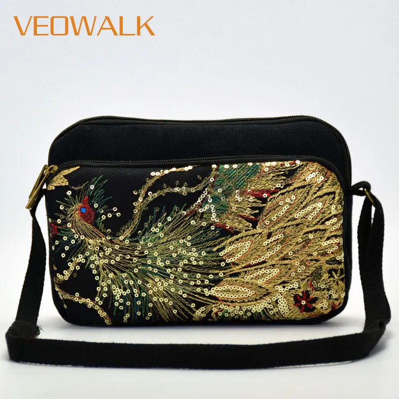 Veowalk Peacock Sequins Embroidered Women Cotton Shoulder Bag Multi-function Summer Small Canvas HandBag for Phone Keys