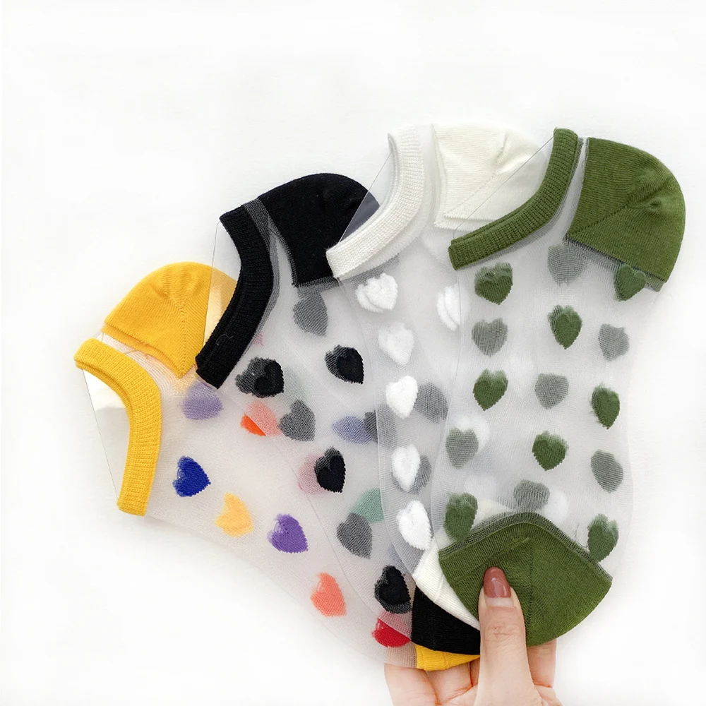 1 Pair Women Invisible Socks Summer Style Thin Women Transparent Love Heart Jacquard Ankle Socks Women Breathable Socks