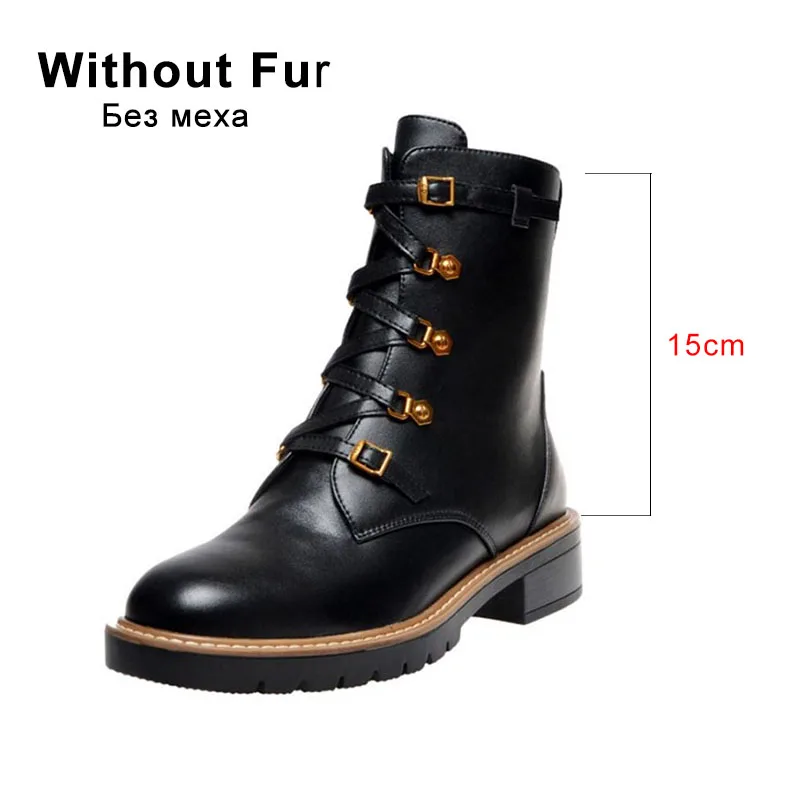 Taoffen/женские черные зимние ботильоны из натуральной кожи; модные ботинки в байкерском стиле на молнии с перекрестными ремешками; повседневная женская обувь; размеры 34-40 - Цвет: black 1 without fur