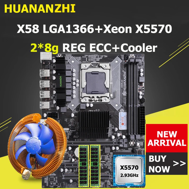 Материнская плата HUANANZHI X58 CPU RAM Combo LGA1366 Socket Xeon X5570 с кулером большой бренд 16G(2*8G) REG ECC