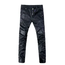 Кожаные брюки для мужчин Панк Рок брюки корейский черный плотный Искусственный Плюс Размер Череп обтягивающие брюки мужские Хип Хоп джинсы Y