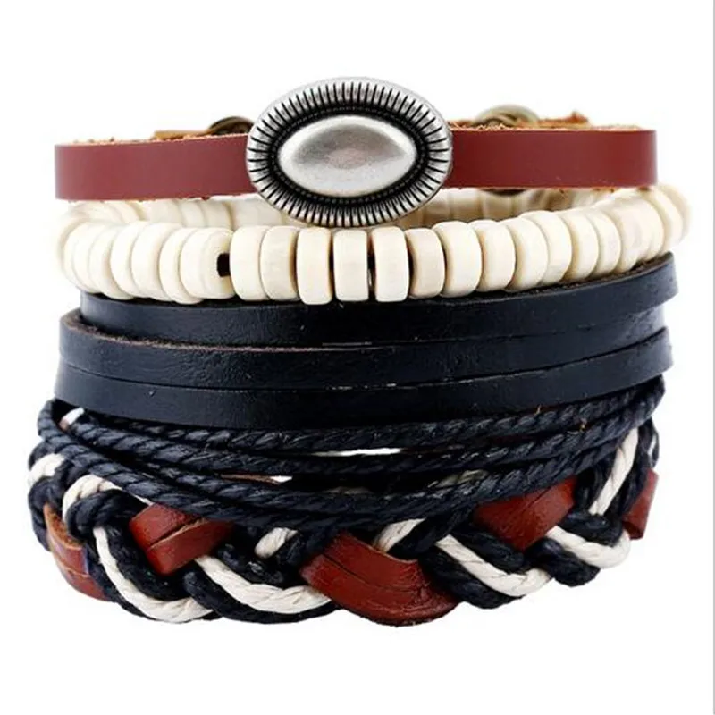 4-6 шт, винтажный Многослойный кожаный браслет для мужчин, модный плетеный браслет ручной работы с бусинами, очаровательный тканый браслет, мужской подарок - Окраска металла: H2017