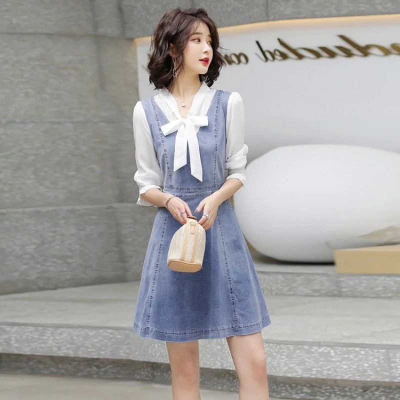 

Женское милое платье-трапеция с V-образным вырезом и бантом, пуловер с рукавом три четверти, короткое джинсовое платье, уличная одежда, комбинированное платье миди на весну и лето