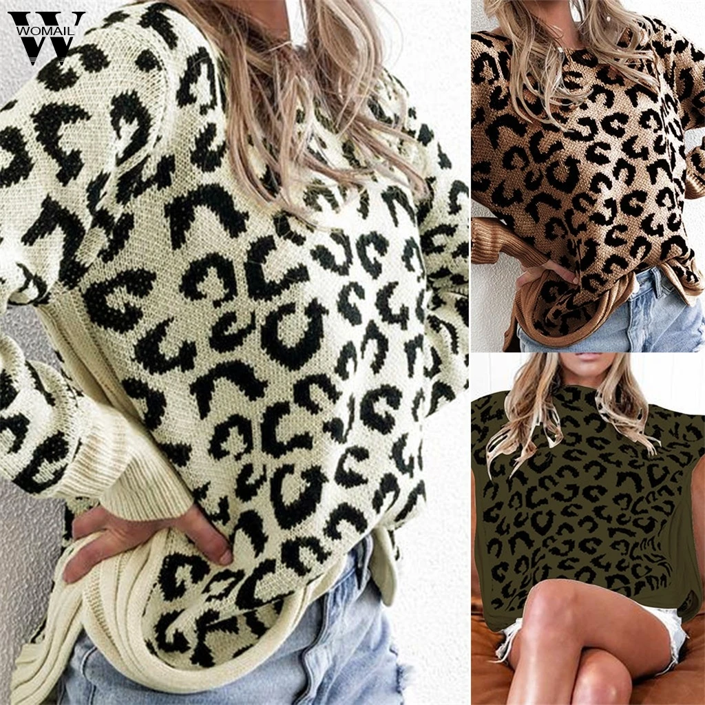 

Womail sweater Women's O-Neck Long Sleeve Leopard Print Autumn winter Irregular Hem Pullover Knit Personality Sweater Knitwear