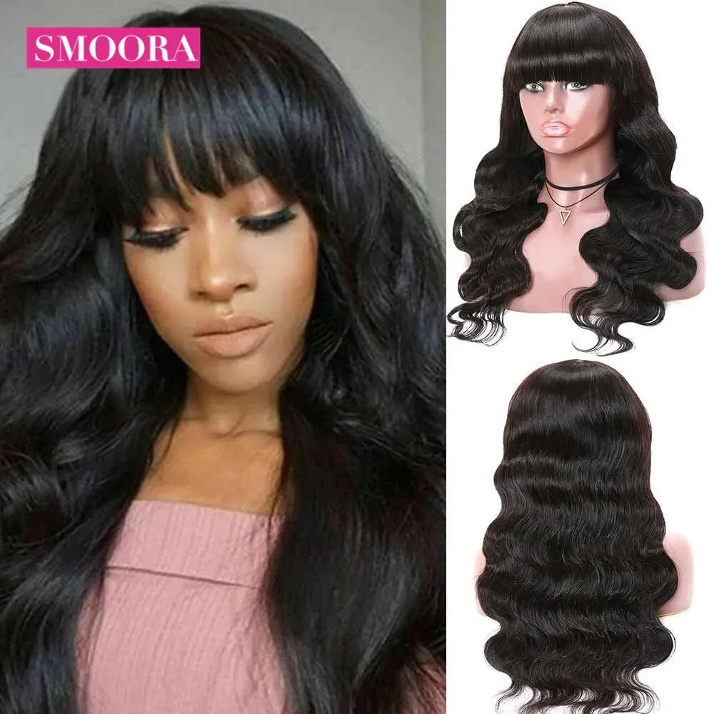 Волнистые 100% человеческие волосы парики с челкой предварительно выщипанные