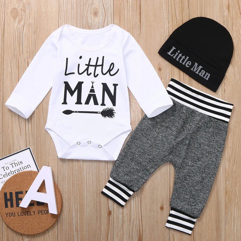 Одежда для новорожденных мальчиков комбинезон с надписью «Little Man», топы+ длинные штаны+ шапочка, комплект из 3 предметов комплект одежды для маленьких мальчиков