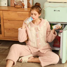Korean Pajamas Women's Winter Three-layer Thickened Autumn Sleeves Lovely Bubble Velvet Home Clothes Lace Kawaii Sets Fashion