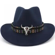 Широкополый Западный ковбойский шляпа для джаза для мужчин и женщин шерстяные фетровые шляпы Лента металлическая голова бульдога украшенная черная Панама