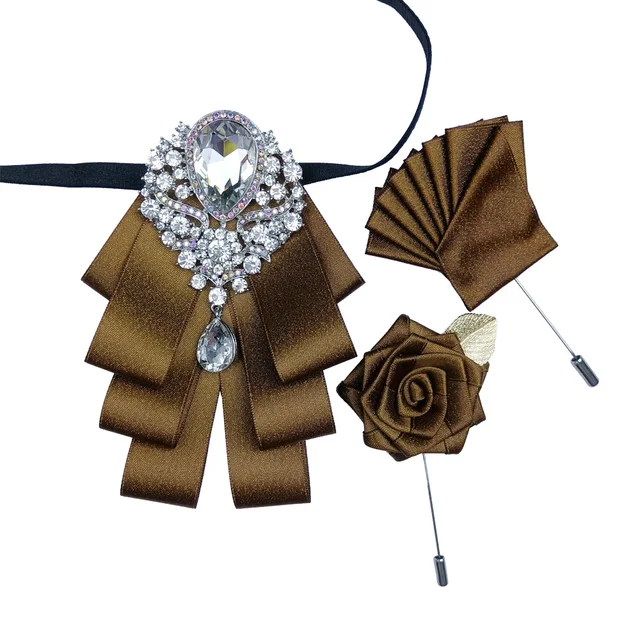 British New Fashion Men's Wedding Performance Groom Wedding-Party Flower Collar Bow Tie Pocket Towel Square Set Men Accessories COFFE SET-WHITE2