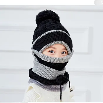 

3-10yrs Thick Fleece Lining Winter Kids Hat Scarf Set Warm Knit Beanie Scarf Balaclava for Boys Girls