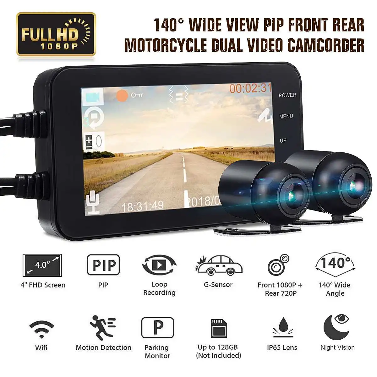 " HD 1080P мотоциклетный видеорегистратор Dashcam DVR фронтальная камера заднего вида wifi двойной объектив видеокамера Водонепроницаемая 140 градусов