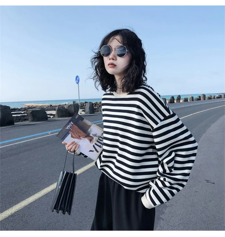 Hoodies Women Harajuku Gothic stripe cotton Hoodie Clothes 2021 Autumn long sleeve loose Kawaii Korean thin Sweatshirt kpop Tops