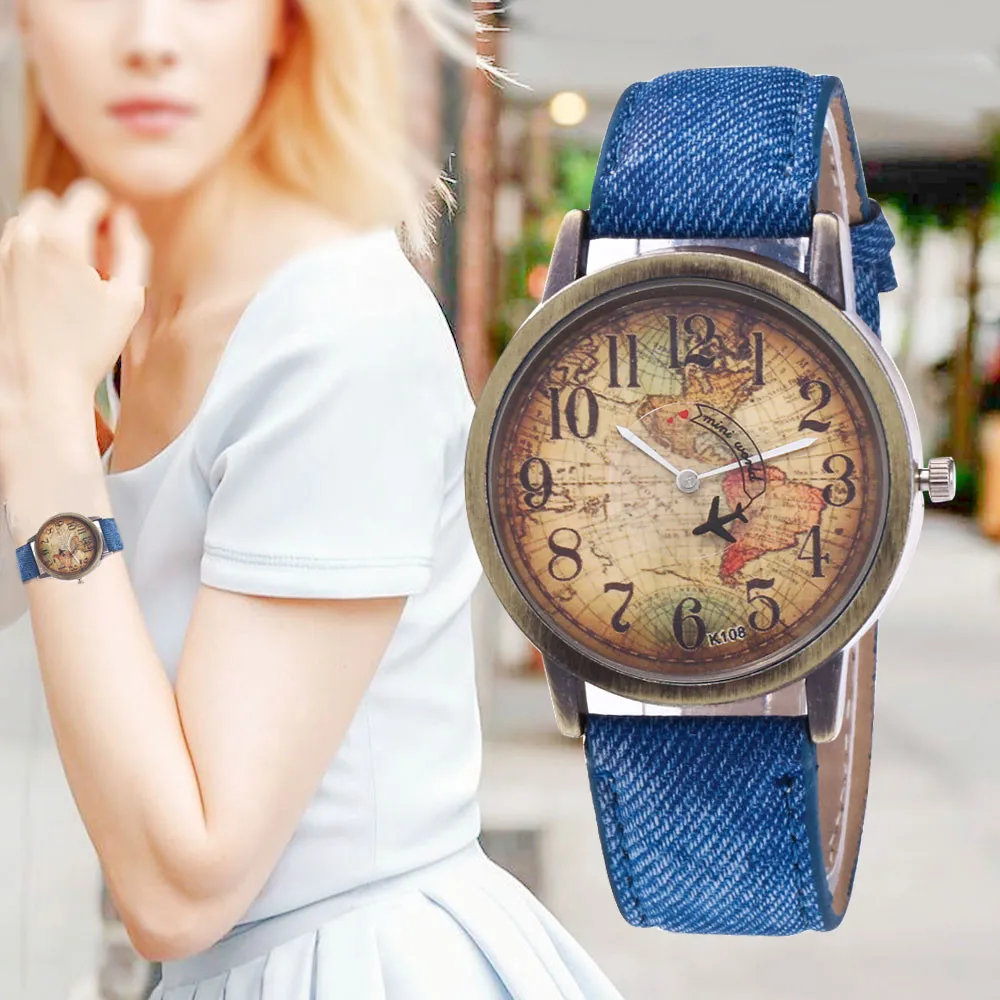 

New Fashion Quartz Watch Men Unisex Map Airplane Travel Around The World Women Leather Dress Wrist Watches Relogio Feminino