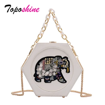 

Toposhine Fashion Applique Elephant Woman Shoulder Bag Female Small Hexagon Bag 2020 Summer Flap Bag Quality Chains Women Bag