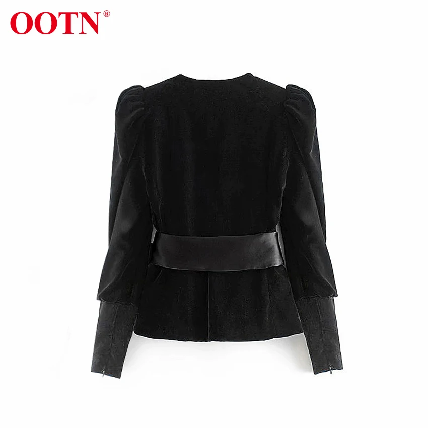 OOTN, сексуальная Осенняя женская блузка с v-образным вырезом, винтажная, с галстуком-бабочкой, с поясом, с пышными рукавами, бархатная рубашка, женские зимние черные блузки,, женские топы