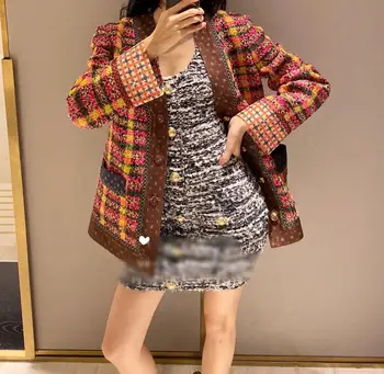 

2020 Spring Runway fashion women high quality V-neck Single Breasted Color Patchwork plaid tweed coat Chic loose Hot Sale Top